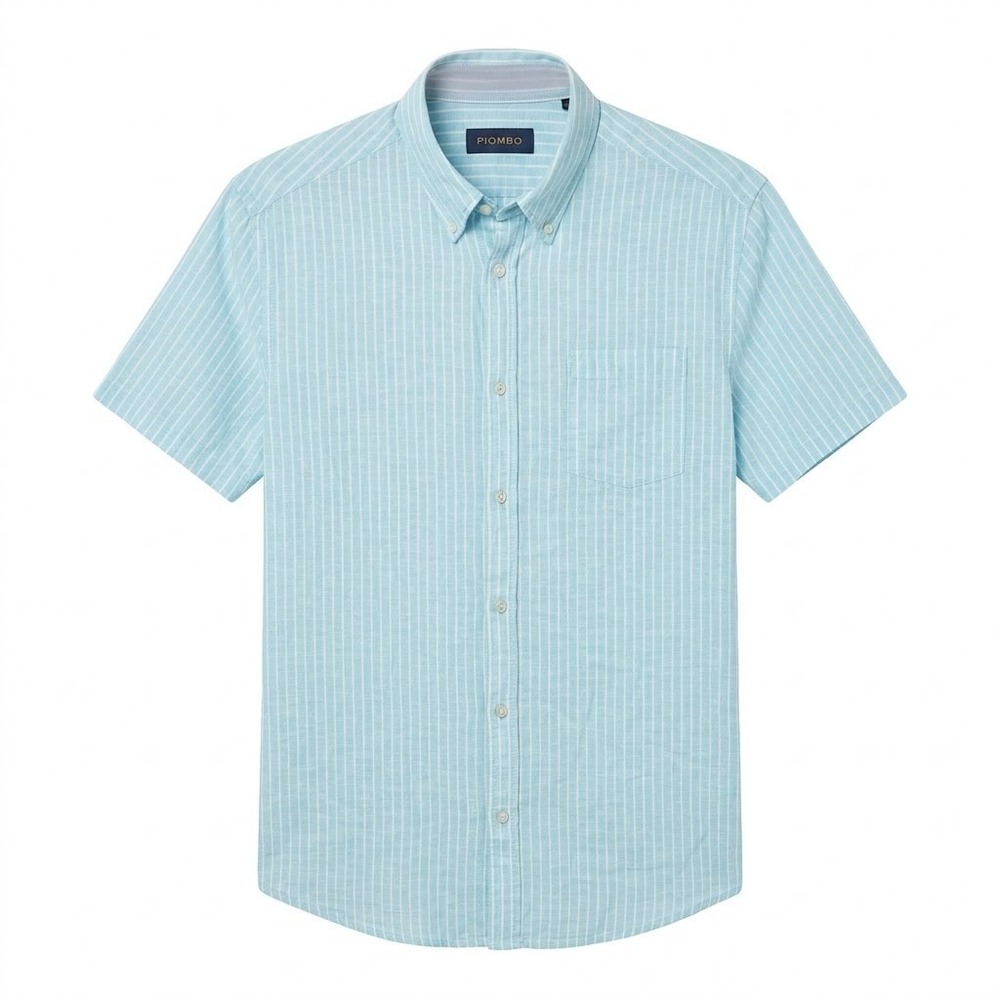 Piombo Mens XL Blue Striped Linen Cotton Short‎ Sleeve Button Down Shirt - CJ